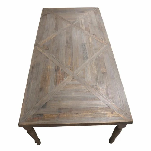 End view of farmhouse dining table showing lathe-turned baluster legs and straight apron clearance
