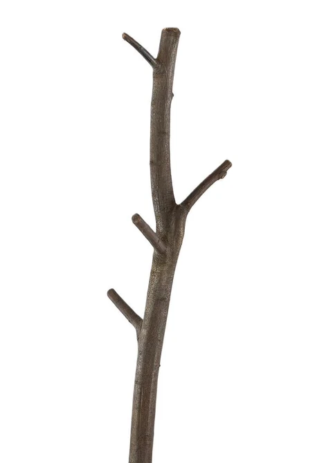 Close-up of natural branch pegs and bark texture on upper stem of rustic twig coat rack