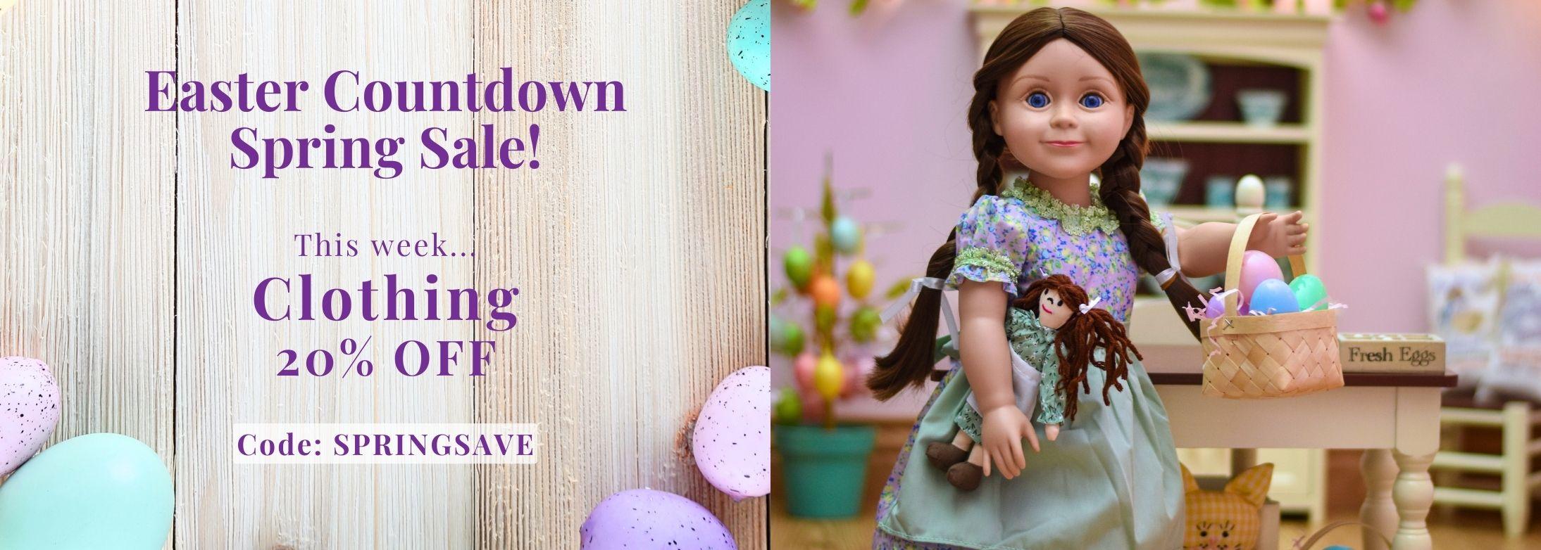 Easter Countdown Spring Sale! This week... Clothing 20% OFF. Code SPRINGSAVE; Image of the 18 inch Laura Ingalls Doll wearing the Purple summer dress.