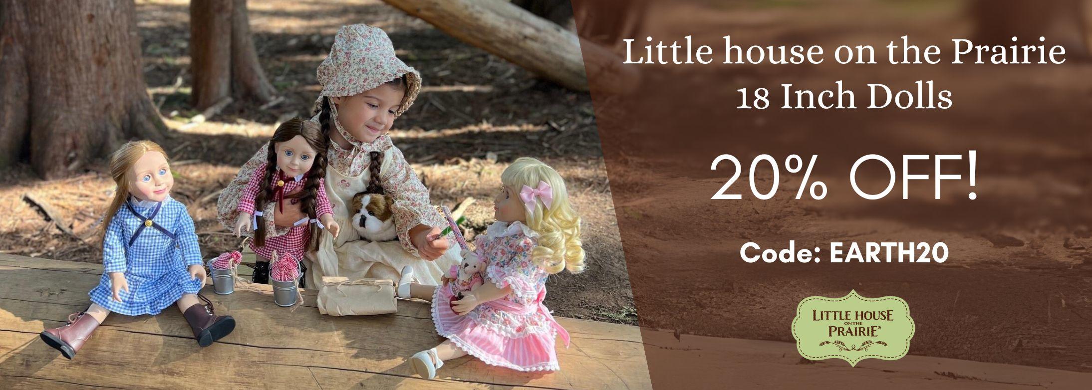 Little House on the Prairie 18 Inch Dolls 20% OFF! Code: EARTH20; Image of a little girl dressed in a bonet and prairie dress playing with the three TQT Little House dolls in the forest