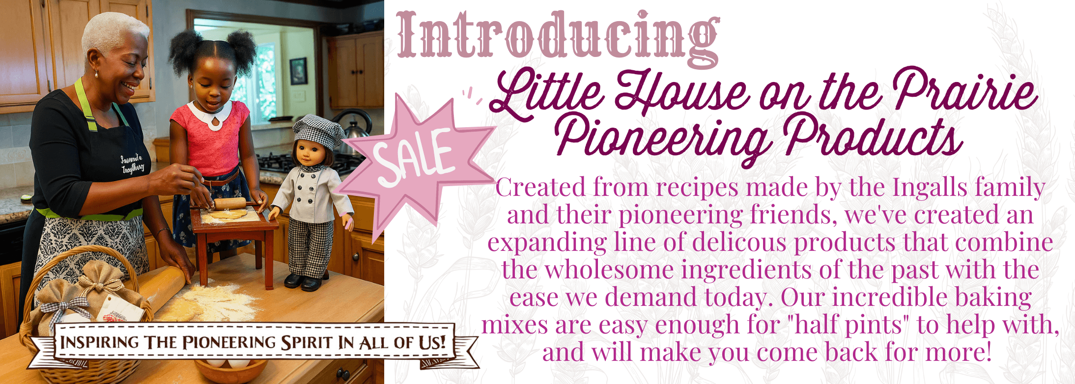 Little house on the prairie woman baking with grand daughter and doll