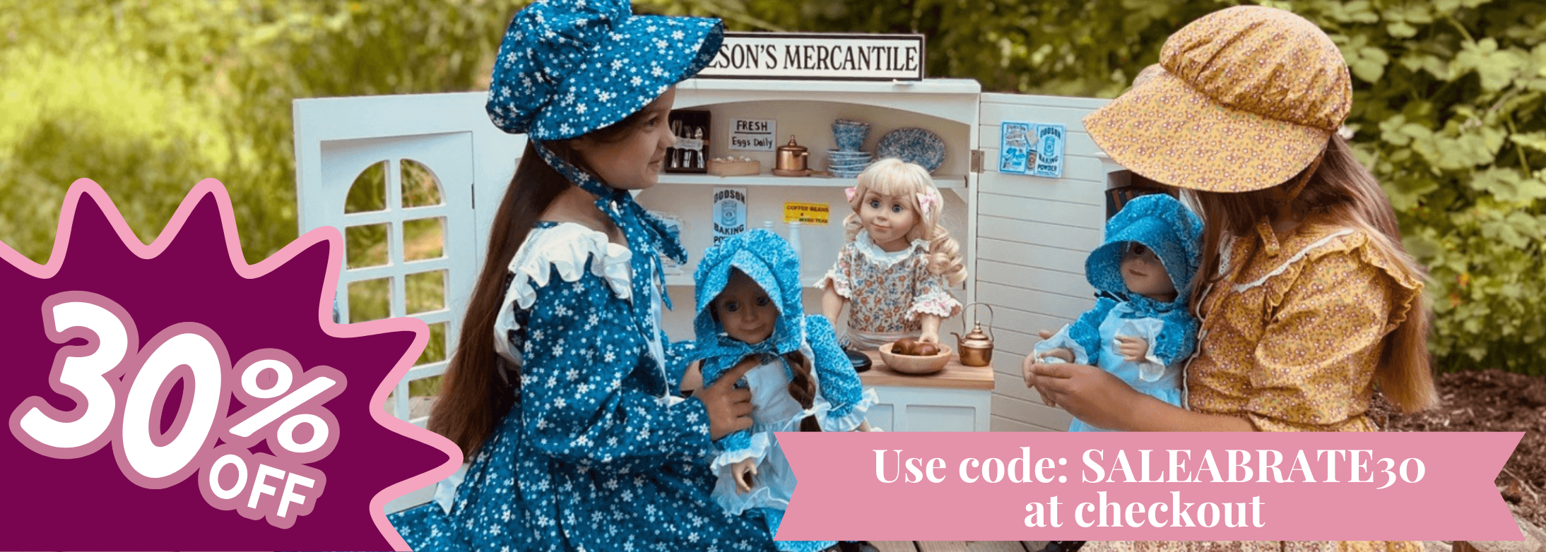 two girls playing with the mercantile doll set. 30% off entire order 