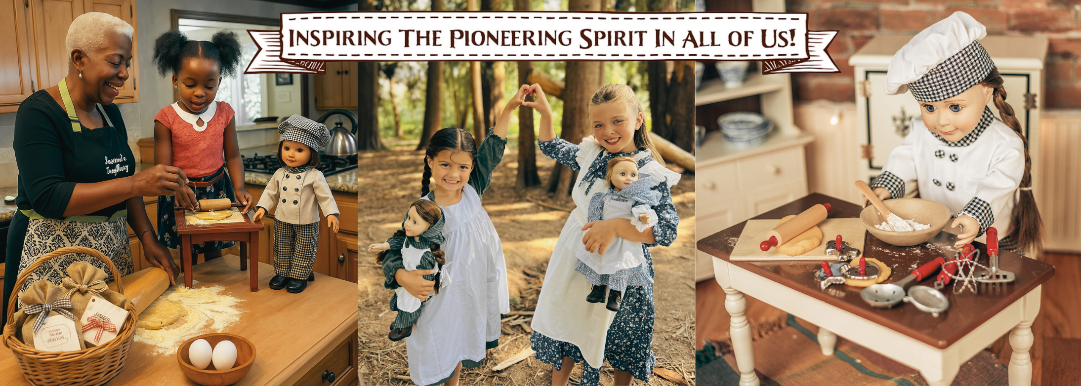 inspiring the pioneering spirit in all of us. first image is grandmother and grand daughter baking with doll. second image is two children holding hands with heart and holding two dolls. Third image is doll baking with wooden bowl, rolling pin and utensil