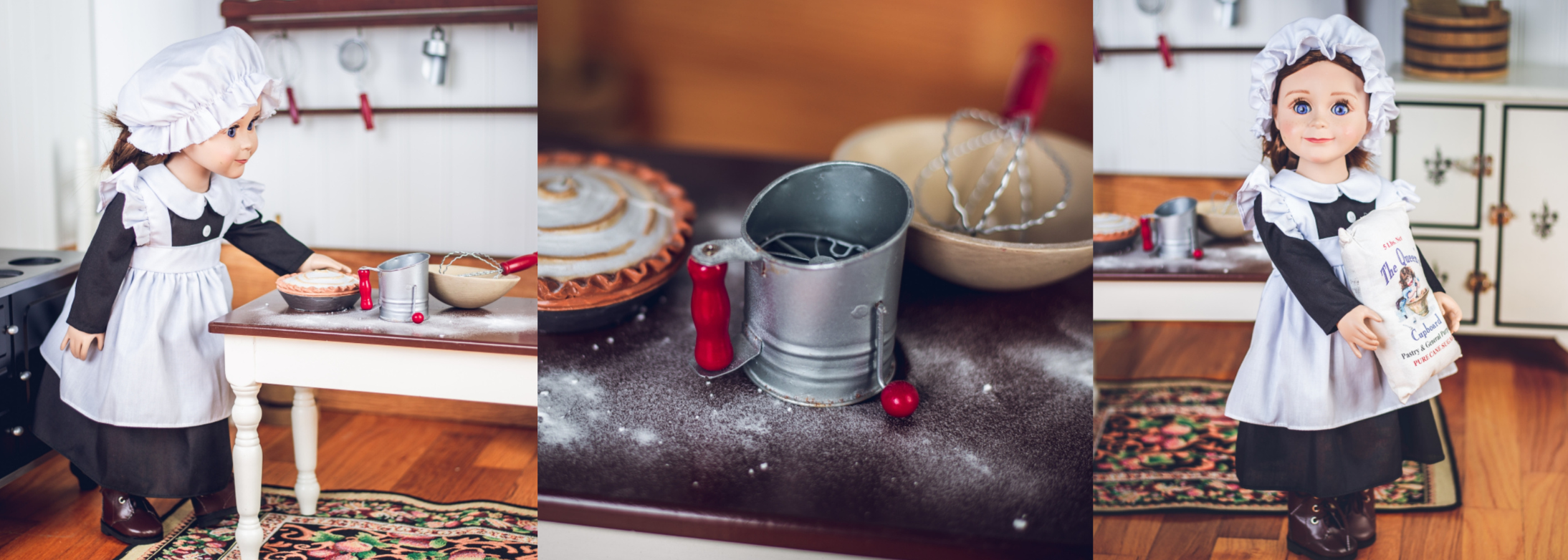 image one is doll baking, with toy pie, image 2 is a doll size flour sifter with pies, third image is doll holding flour bag in maid outfit