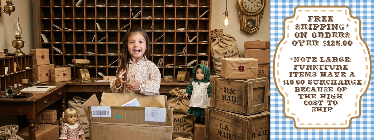 >Little Girl in an old fashioned mail room with a text field that says Free  Shipping*  on orders  over $125.00  *NOTE Large:  Furniture  items have a $10.00 surcharge because of  the high  cost To  ship Free Shipping on orders over 125.00. NOTE: Large fu