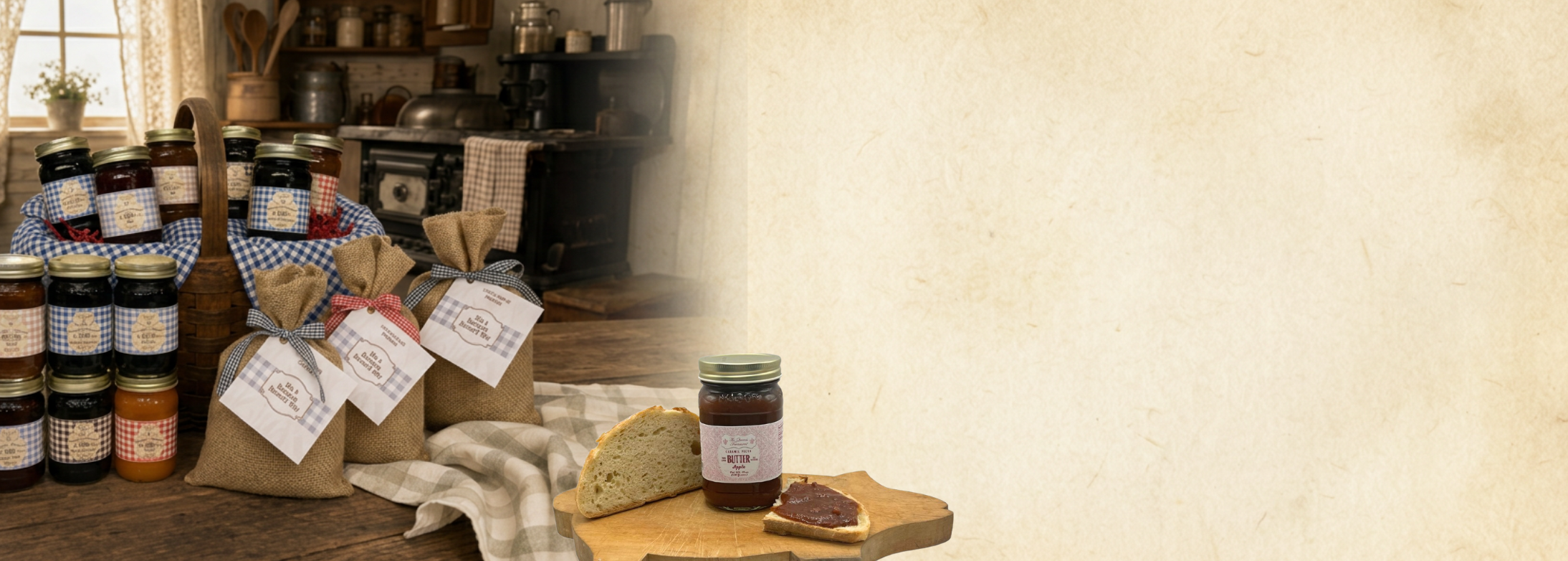 Little House on the Prairie Pantry collection — jams, honey and baking mixes in a farmhouse kitchen