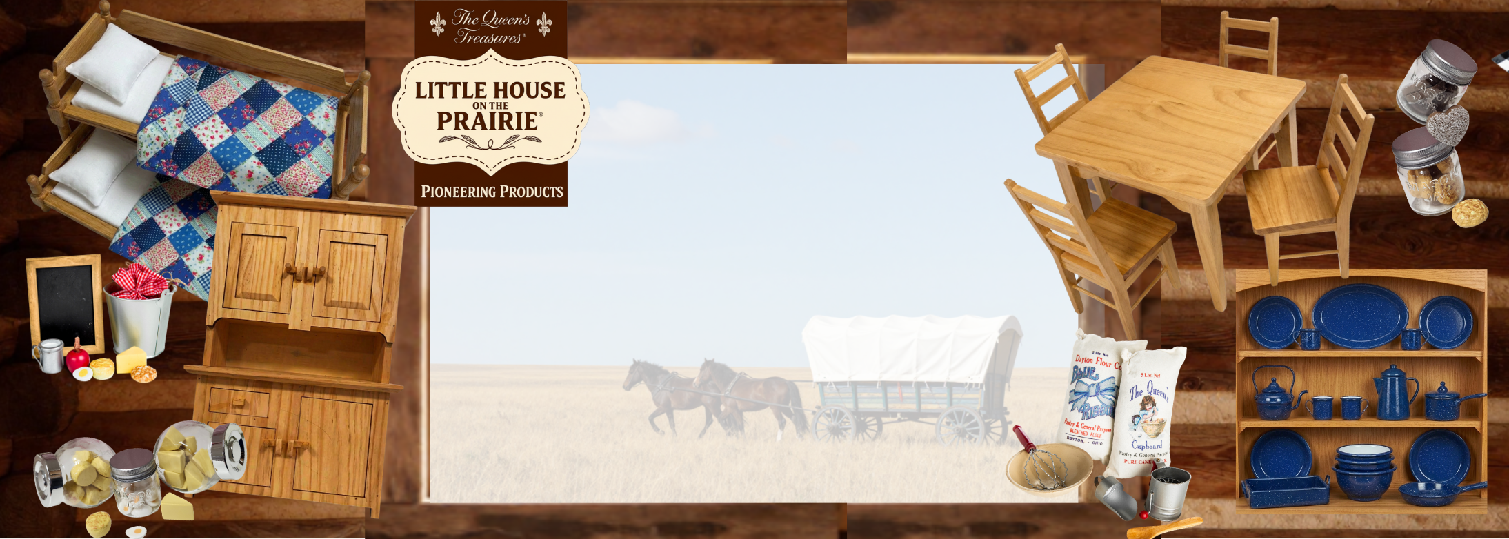 Little House on the Prairie Pioneering Products — doll furniture, enamel dishes and a covered wagon crossing the prairie
