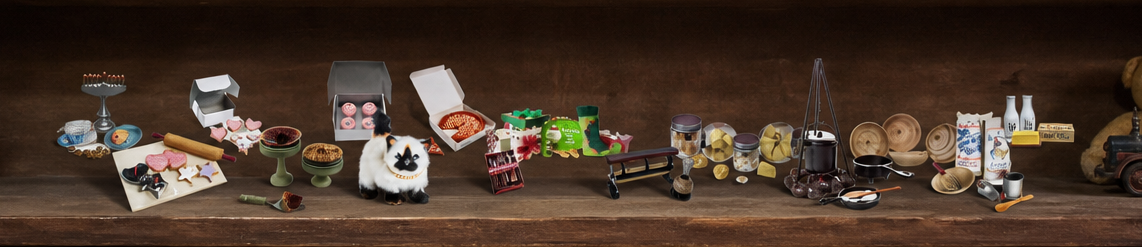 Accessories for 18 inch dolls shown on an antique shelf