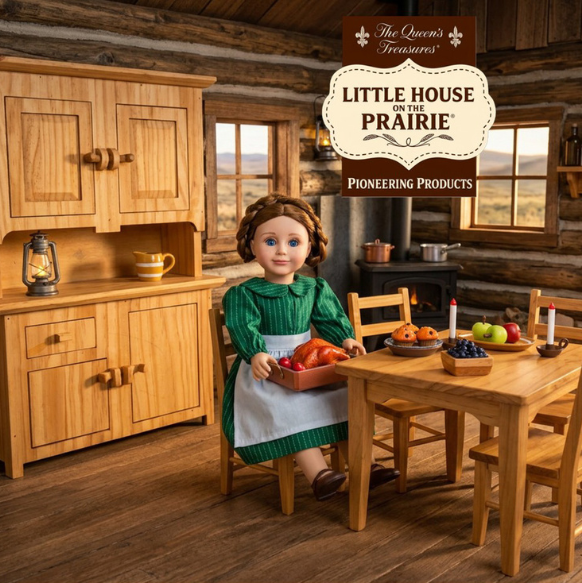 Little House on the Prairie 18-inch doll and handcrafted doll furniture in a log cabin scene