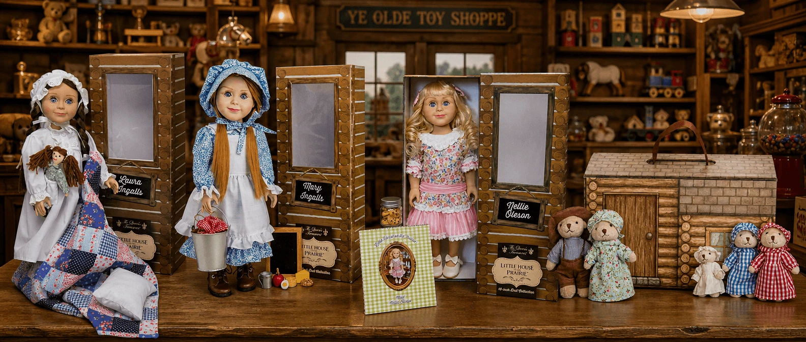 Image of Little House on the Prairie dolls displayed in an old fashioned toy store