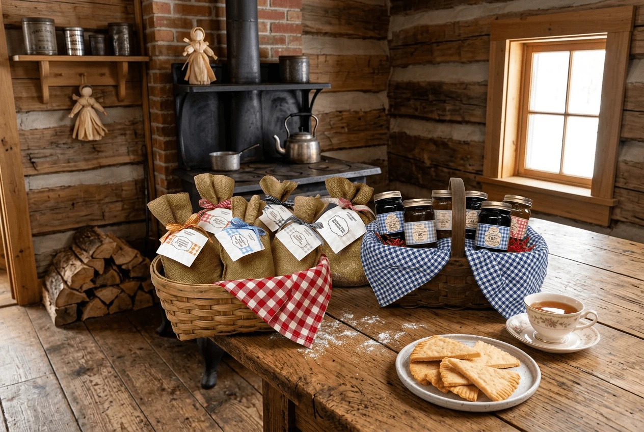 Scene showing a prairie Kitchen with two basketsof Little House on the Prairie Panty Products