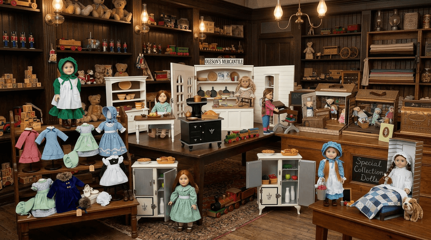 Toy store from the 1890's featuring Little House on the Praire 18 inch dolls, clothes, furniture, and accessories