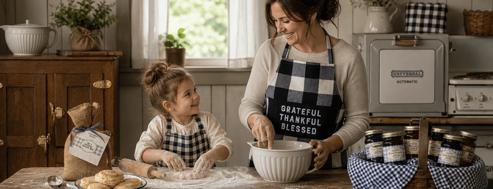 Image of mom and child baking in a country kitchen