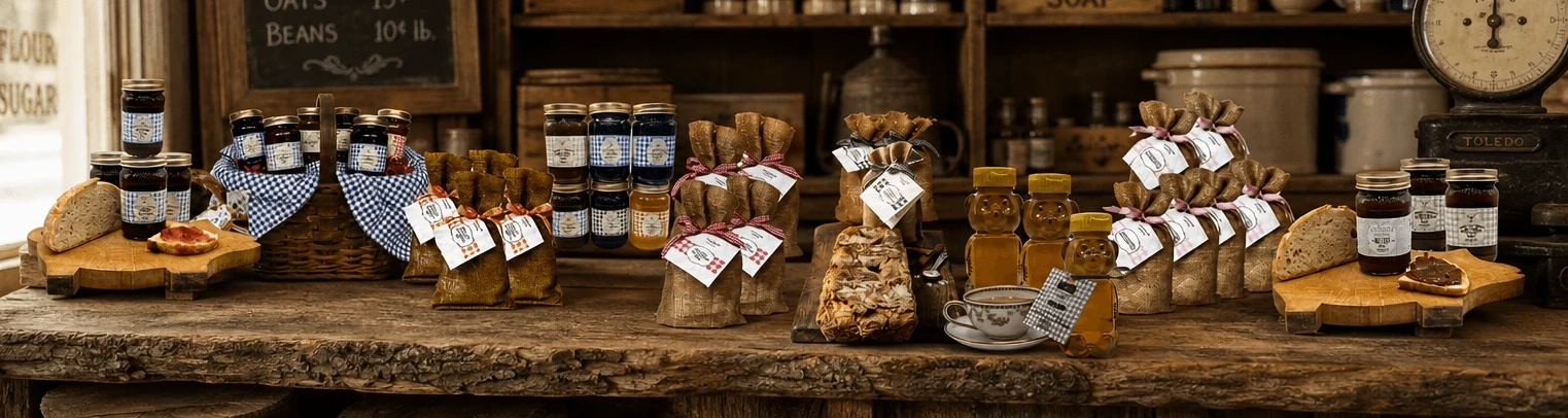 Different Little House on the Prairie Pantry items displayed on a rustic counter in a mercantile.