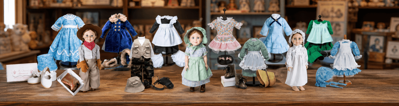 Image of doll outfits and shoes shown on a counter in an antique toy store