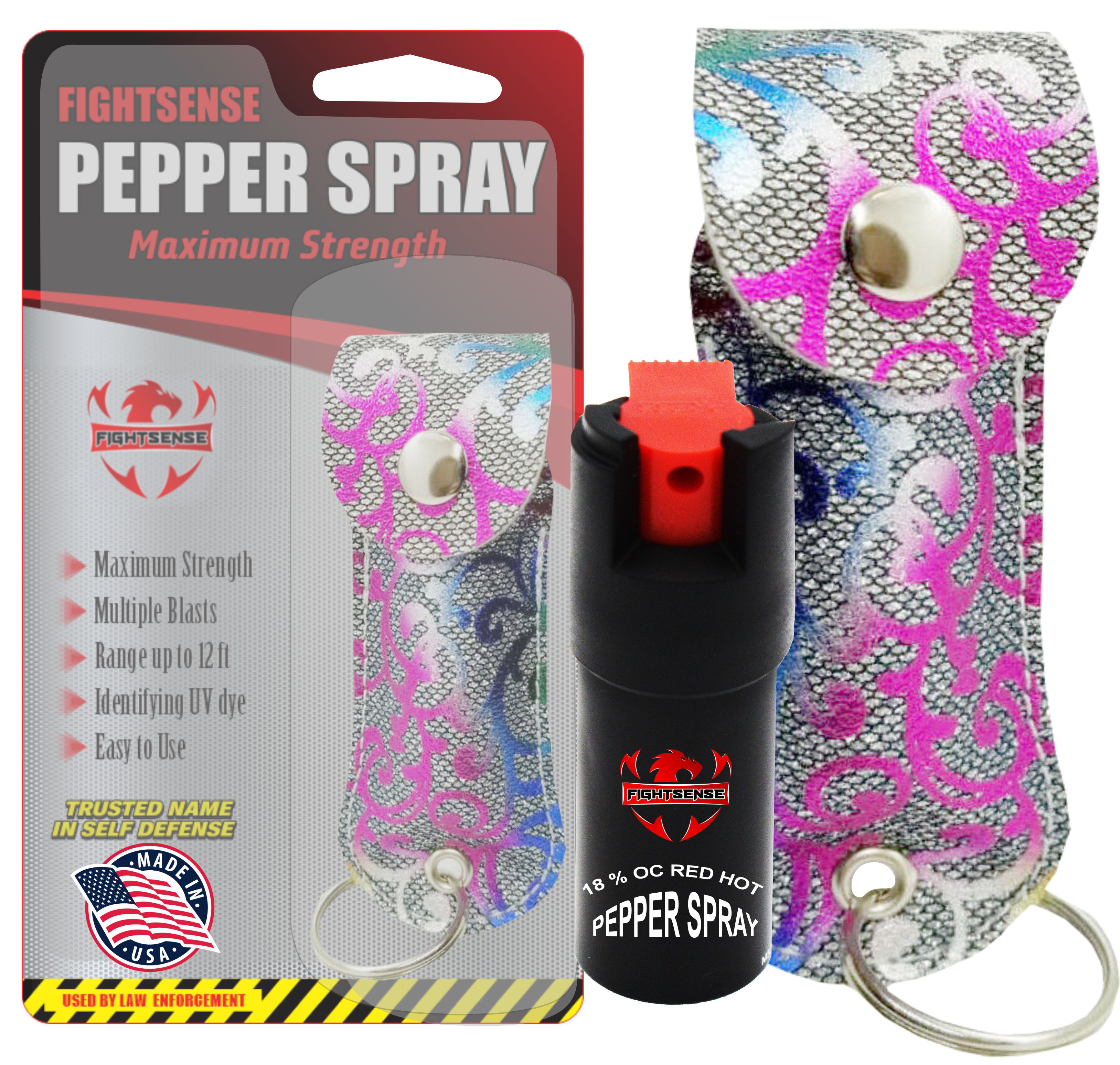  FIGHTSENSE Self Defense Pepper Spray - 1/2 oz Compact Size  Maximum Strength Police Grade Formula Best Self Defense Tool for Women  W/Leather Pouch Keychain (Black) : Sports & Outdoors