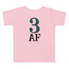 Blue "3 AF Toddler Shirt" with bold black and teal typography