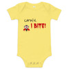 Yellow "Careful I Bite" baby bodysuit with vampire bat design