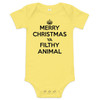 Yellow baby bodysuit with the phrase "Keep Calm Ya Filthy Animal" in bold, playful lettering, a fun mashup of two iconic quotes from Home Alone and the classic "Keep Calm and Carry On" slogan.