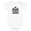 White baby bodysuit featuring the "Badass Baby" logo with a cool baby wearing sunglasses, a mohawk, and a skull pacifier, surrounded by lightning bolts and stars.