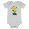 Grey baby bodysuit featuring a colorful sunflower design with the playful phrase "My Mom Has a Green Thumb and a Dirty Mouth," ideal for gardening moms with a sense of humor.