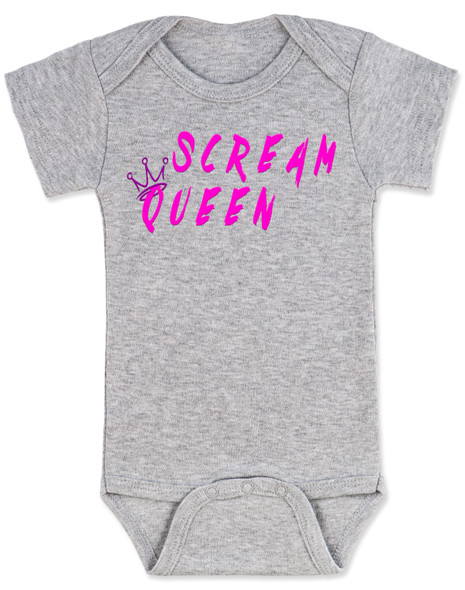 Scream Queen baby bodysuit, horror movie baby gift, cool baby shower gift for girls, zombie film baby bodysuit, scary movie themed baby gift, parents who love horror movies, Rock and Roll baby girl gift, future movie star, Scream queen grey