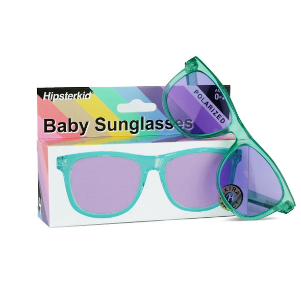 Hipsterkid Aquaberry sunglasses, toddler sunglasses, kids summer sunglasses, aqua blue sunglasses, retro toddler sunglasses, cool kids sunglasses, turquoise and purple toddler glasses, with packaging