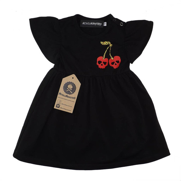 rock and roll dress for baby girls, dress with red cherry, cool kids dress, dress for badass babies, soft black dress with cherry on front, cool baby girl gift, rock and roll babies rock and roll dress for baby girls, dress with red cherry, cool kids dress, dress for badass babies, soft black dress with cherry on front, cool baby girl gift, rock and roll babies