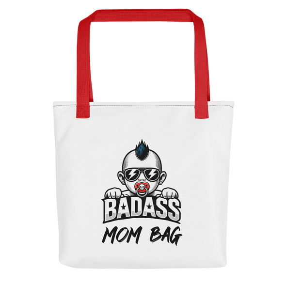 White tote bag with black handles featuring "BADASS" and "Mom Bag" text with a logo baby on the front and back. red handles White tote bag with black handles featuring "BADASS" and "Mom Bag" text with a logo baby on the front and back. red handles