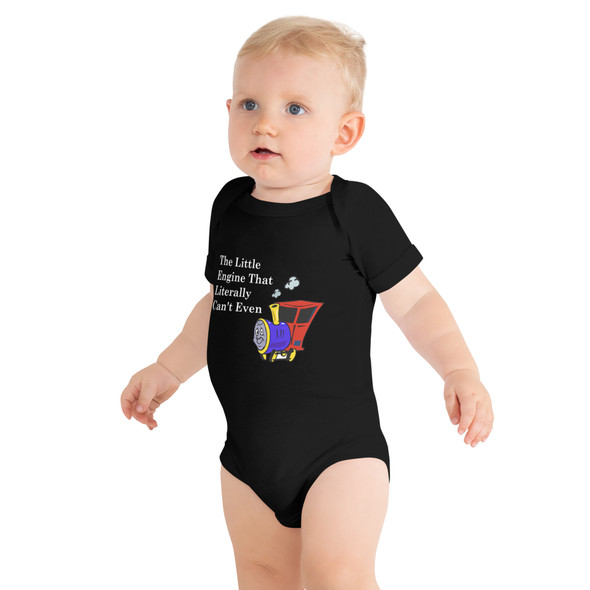 baby bodysuit featuring a playful train illustration with the phrase "Little Engine That Literally Can't Even," combining a classic kids' book reference with the popular saying. baby bodysuit featuring a playful train illustration with the phrase "Little Engine That Literally Can't Even," combining a classic kids' book reference with the popular saying.