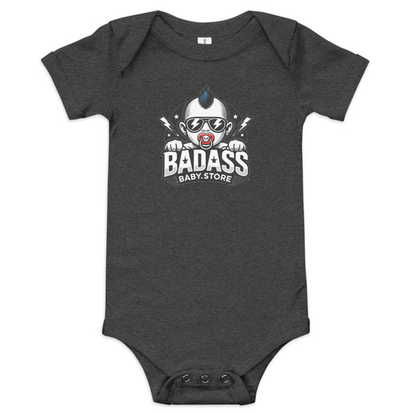 Dark Gray baby bodysuit featuring the "Badass Baby" logo with a cool baby wearing sunglasses, a mohawk, and a skull pacifier, surrounded by lightning bolts and stars. Dark Gray baby bodysuit featuring the "Badass Baby" logo with a cool baby wearing sunglasses, a mohawk, and a skull pacifier, surrounded by lightning bolts and stars.