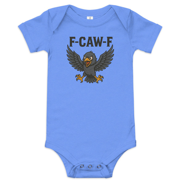 Funny baby bodysuit with angry bird spreading its wings and the text F-CAW-F, blue