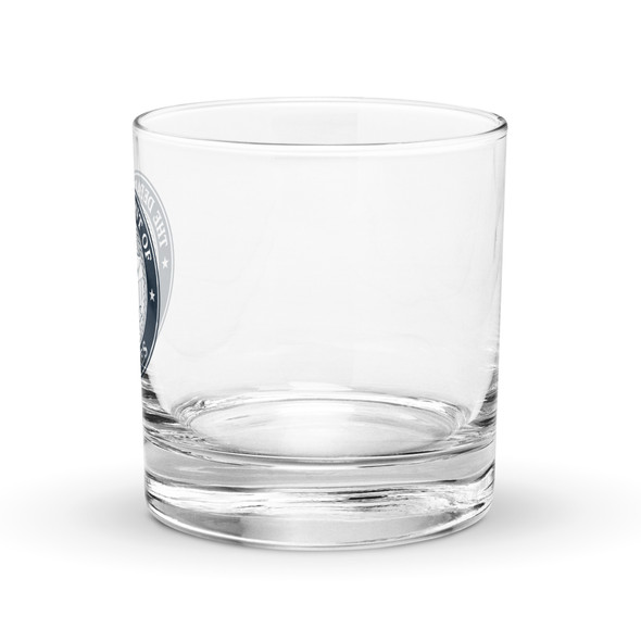 Department of Dad Jokes rocks glass with official government-style logo printed on a classic whiskey glass