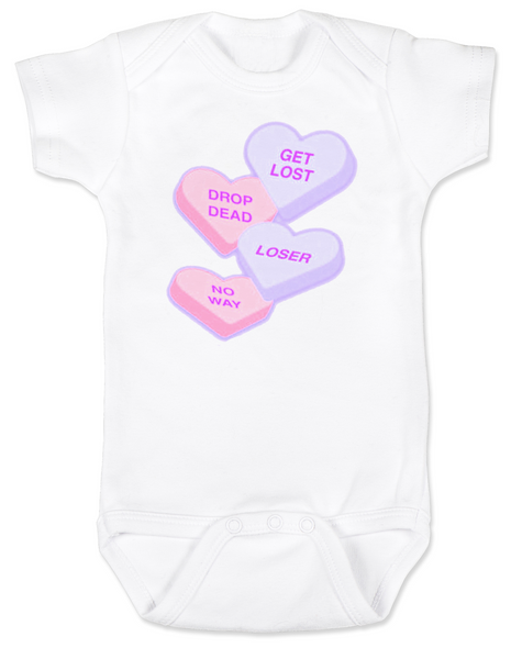 Funny Candy Heart Bodysuit, Valentines Day baby bodysuit, Valentine's Day hearts, Baby valentine creeper, Offensive candy heart baby onsie