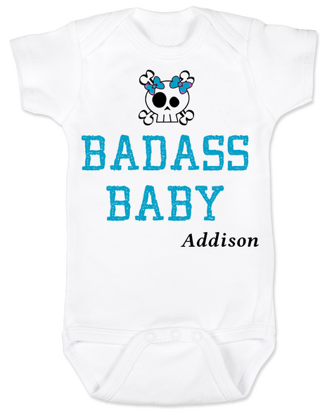 Badass Baby Bodysuit, Personalized badass baby girl onsie, customized cool kid baby shower gift, punk rock baby bodysuit with with Skull and crossbones, custom name