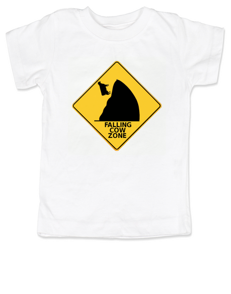 falling cow toddler shirt, silly random toddler t-shirt, warning sign kid t shirt, watch out for falling cows, white