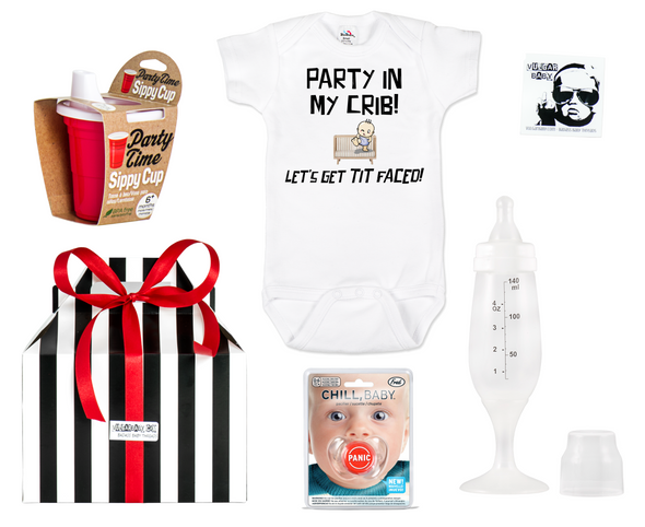 Party people gift set, best baby shower gift, rock and roll baby gift, cool baby shower gift set, red solo sippy cup, badass gift basket, funny onesie and cup set, party parents baby gift box