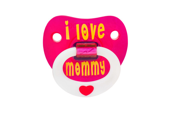 I love my mommy, i love mommy binkie, mommy love baby binky, cute baby pacifier for girls, pink baby pacifier, love my mommy pacifier, pacifier front
