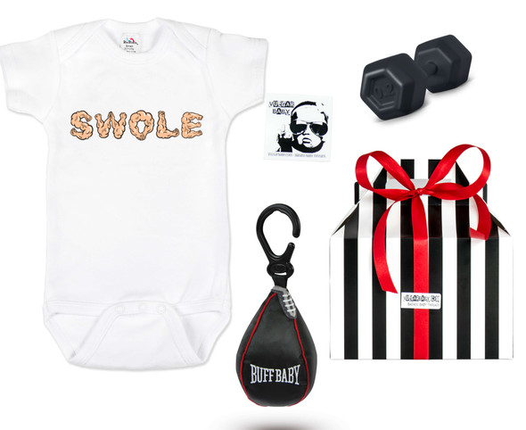 Swole baby, buff baby gift set, work out baby gift, future gym buff, babies that lift, new parents that work out, fitness baby gift, baby shower gift for fit parents, personal trainer baby gift, baby boxing speed bag toy, baby weight dumbbell rattle, weight lifting parents, muscle baby gift box