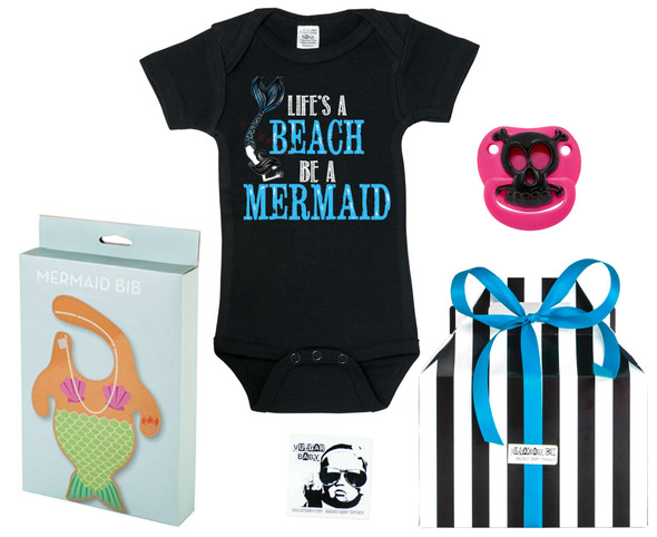 Mermaid baby gift set, Little Mermaid Baby Box, lifes a beach, be a mermaid, funny ocean themed gift set, mermaid baby bib, cute gift set for girls, mermaid baby girl gift, baby shower gift for ocean lovers, i come from the water, water baby gift, cool baby girl gift set, pink skull binky, girl skull binkie, Pink pirate skull baby pacifier