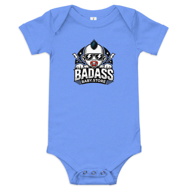 Blue baby bodysuit featuring the "Badass Baby" logo with a cool baby wearing sunglasses, a mohawk, and a skull pacifier, surrounded by lightning bolts and stars.