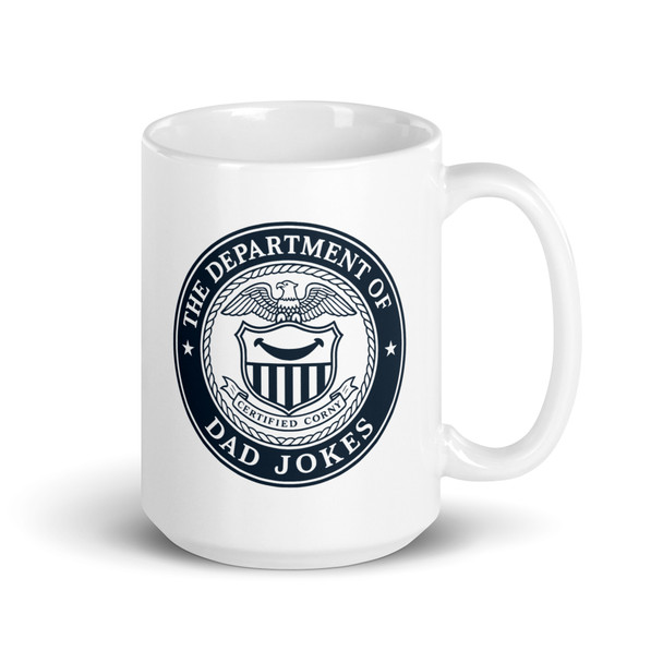 Funny Department of Dad Jokes coffee mug with bold text design, perfect for dads who love classic dad jokes and morning coffee, back