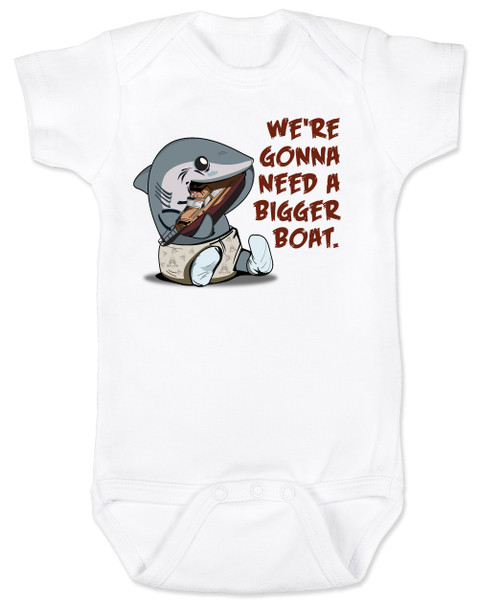 We're gonna need a bigger boat, Baby Jaws, shark eating boat, cute shark baby bodysuit, we are going to need a bigger boat, funny shark baby gift, growing family baby bodysuit, white