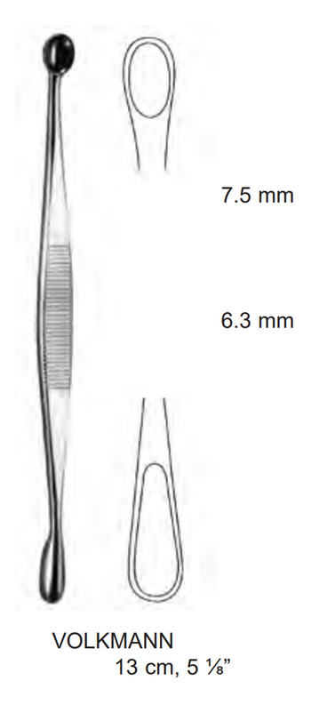 Product Spectrum Volkmann Bone Curette, 5.125" (13cm), Straight, Double Ended, 7.5mm x 6.3mm, Oval/Oval | SAH.25-7000 Image