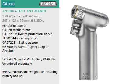 Product Aesculap Acculan 4 Large Drill, Includes Funnel, Rinsing Adapt, OilSpray Adapt, Wire Guide- 1 Year Warranty | GA330 Image