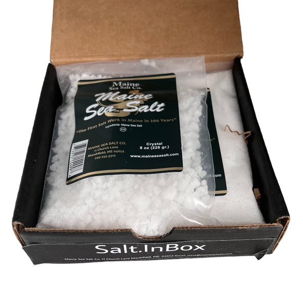 Salt-InBox is an excellent way to always have on hand so you are never in a pinch. 
NEW Salt-InBox, has one, 8 oz Fine and one 8 oz Crystal!
Maine Sea Salt is Natural, Pure, and Hand-Harvest from the Maine Coast.
 Certified Kosher
