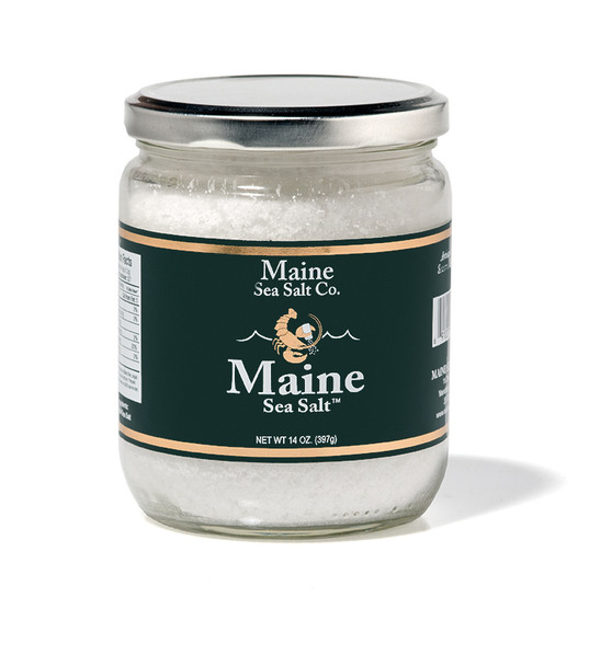 Maine Natural Sea Salt Coarse 14 Ounce, Sea Salt. Is a wide mouth glassd jar. Consumer friendly, recyclable. Our Natural Maine Sea Salt in a easy storage jar for the kitchen. A great value! Use  by the pinch, good for cooking, at the table. Not fine enough or dry enough for a salt shaker, nor coarse enough for a grinder or salt mill.