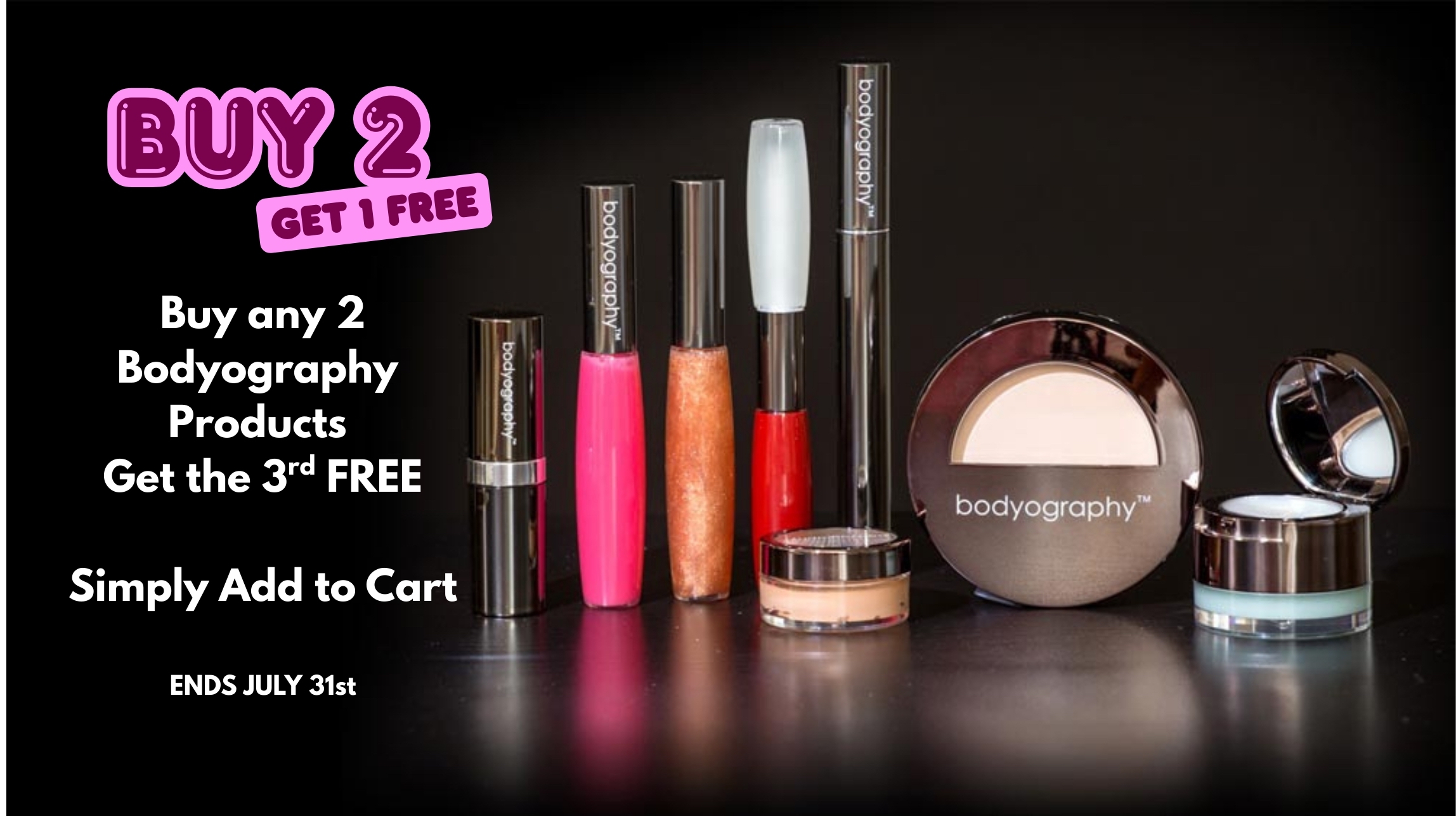 Stock up on your favourite Bodyography makeup and save big! For a limited time, buy any 2 Bodyography products and get 1 FREE. 
