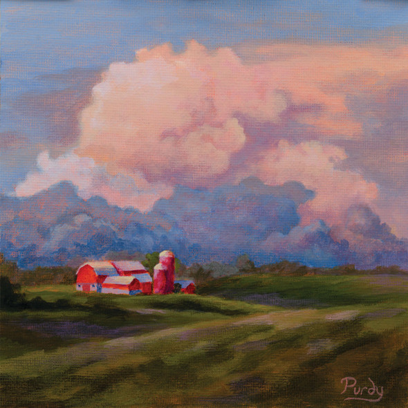 Painting of a red barn on rolling green hills under towering clouds