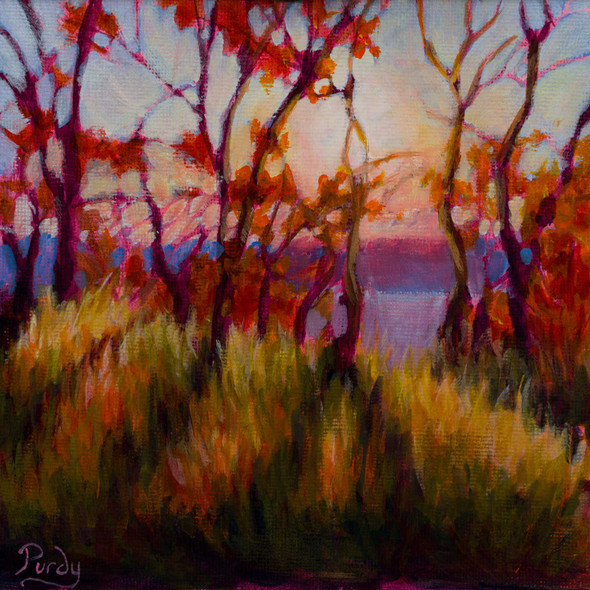 colorful painting of sunset light coming through autumn leaves and grasses